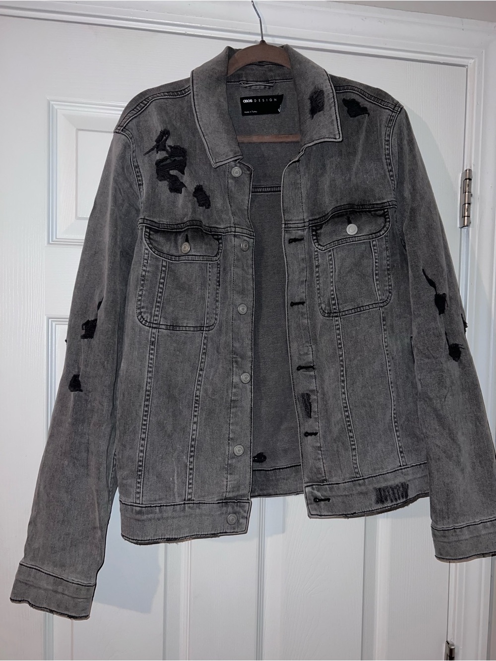 ASOS DESIGN oversized denim jacket washed black finish and ripped details sz L